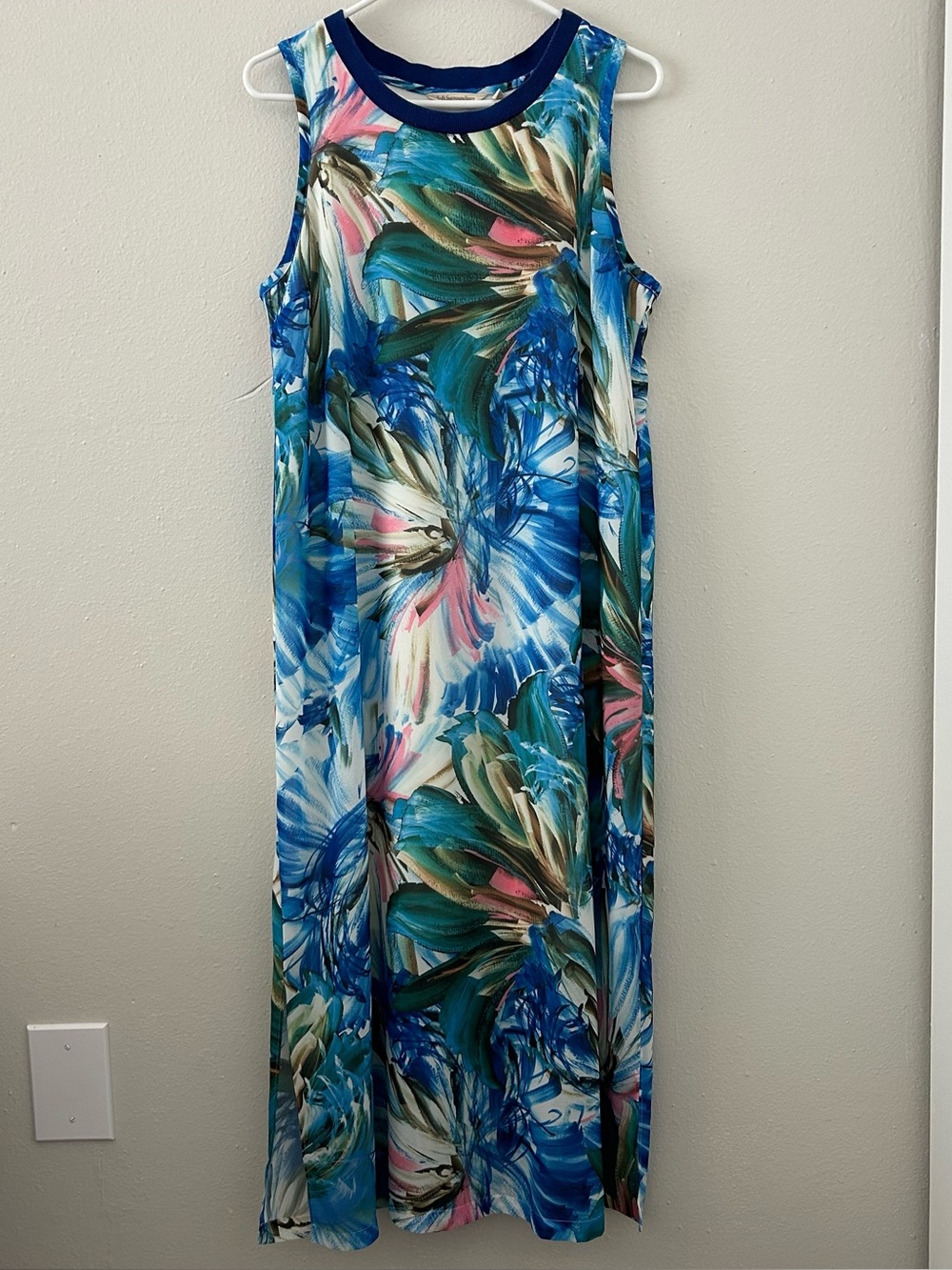 Soft Surroundings Penelope Maxi Dress Sleeveless Blue Tropical Print Petite M PM